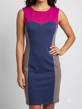 Suzi Chin for Maggy Boutique Colorblock Sheath Dress Fuchsia Navy Taupe Sz 16